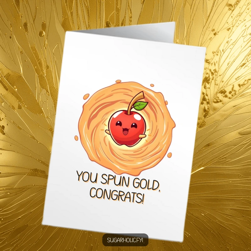 Funny free printable congratulations card of a joyful candy apple character spinning triumphantly within a rich caramel vortex.