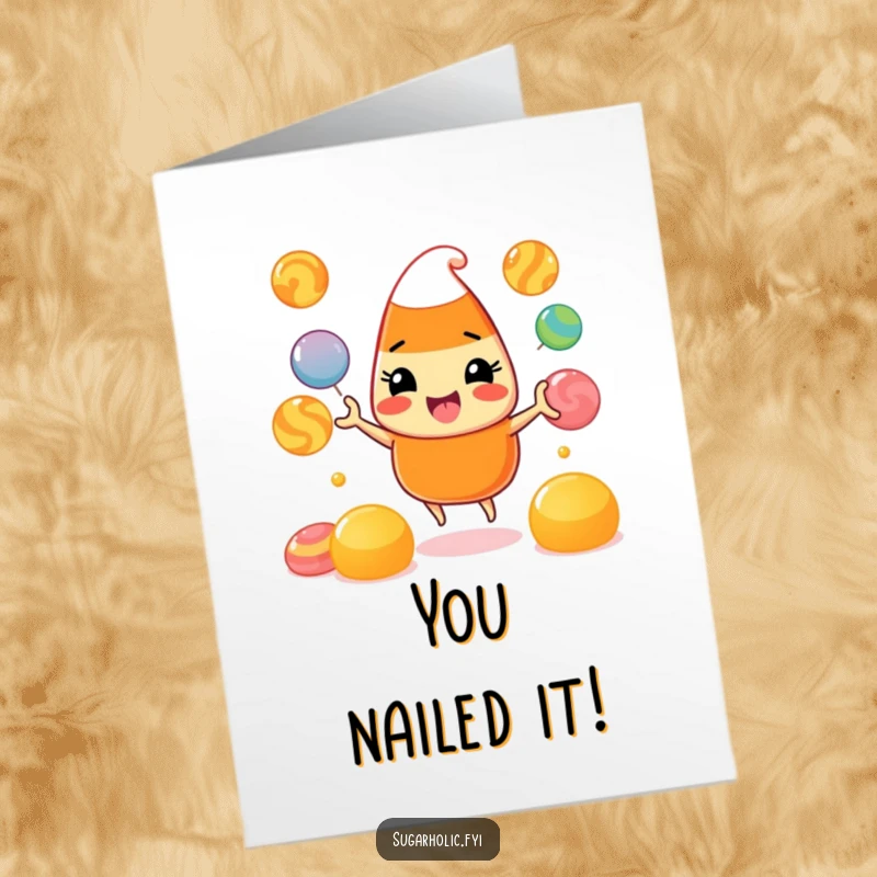 Funny Free Printable Congratulations Card: A beaming candy corn character juggles colorful gumdrops, celebrating success with flair.