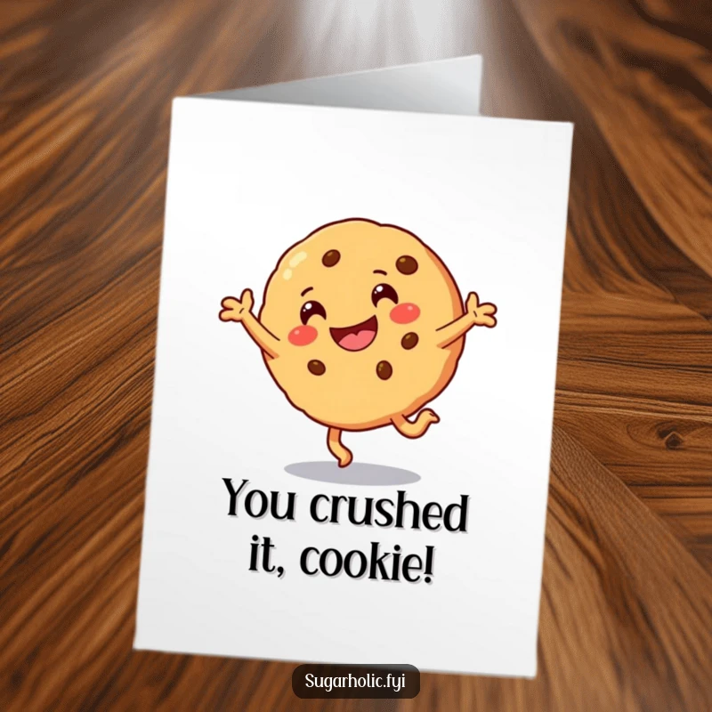 Funny Free Printable Congrats Card: A smiling cookie character does a celebratory cartwheel, full of excitement.