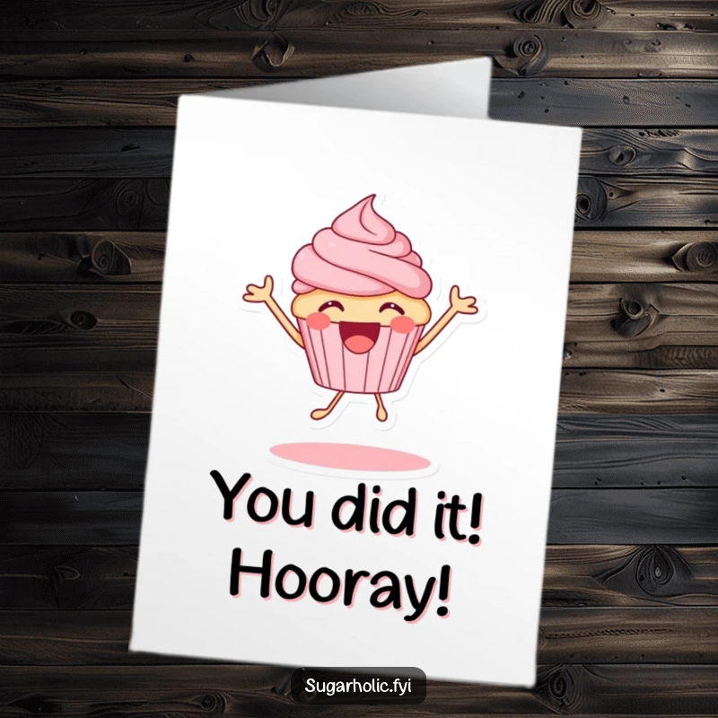 Funny Free Printable Congratulations Card: Excited cupcake character bouncing energetically, radiating happiness and celebratory vibes.