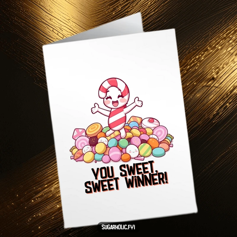 Funny free printable congratulations card with a jolly candy cane character doing a joyful spin on a pile of delicious sweets.