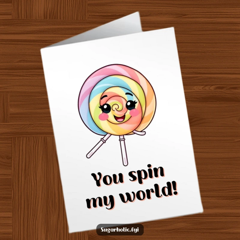 Funny Free Printable Congratulations Card: A smiling lollipop character spins with ecstatic delight, celebrating a big win.