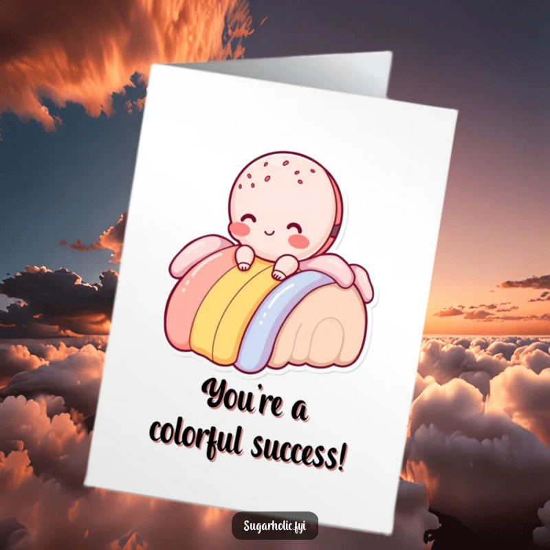 Funny Free Printable Congrats Card: Blushing macaroon character sliding down a vibrant frosting rainbow, symbolizing a sweet journey.