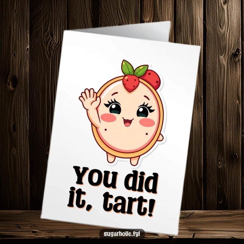 Funny free printable congratulations card showing a blushing fruit tart with cute eyelashes giving an enthusiastic wave.