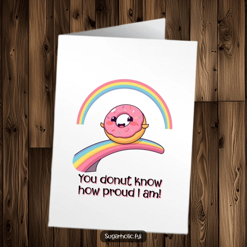 Funny free printable congratulations card showing a happy donut character comically sliding over a bright rainbow.