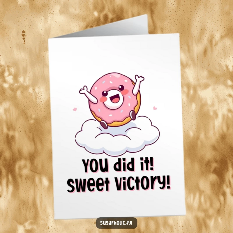 Funny Free Printable Doughnut Congratulations Card: A delighted doughnot character cartwheeling on a cloud, celebrating achievement.