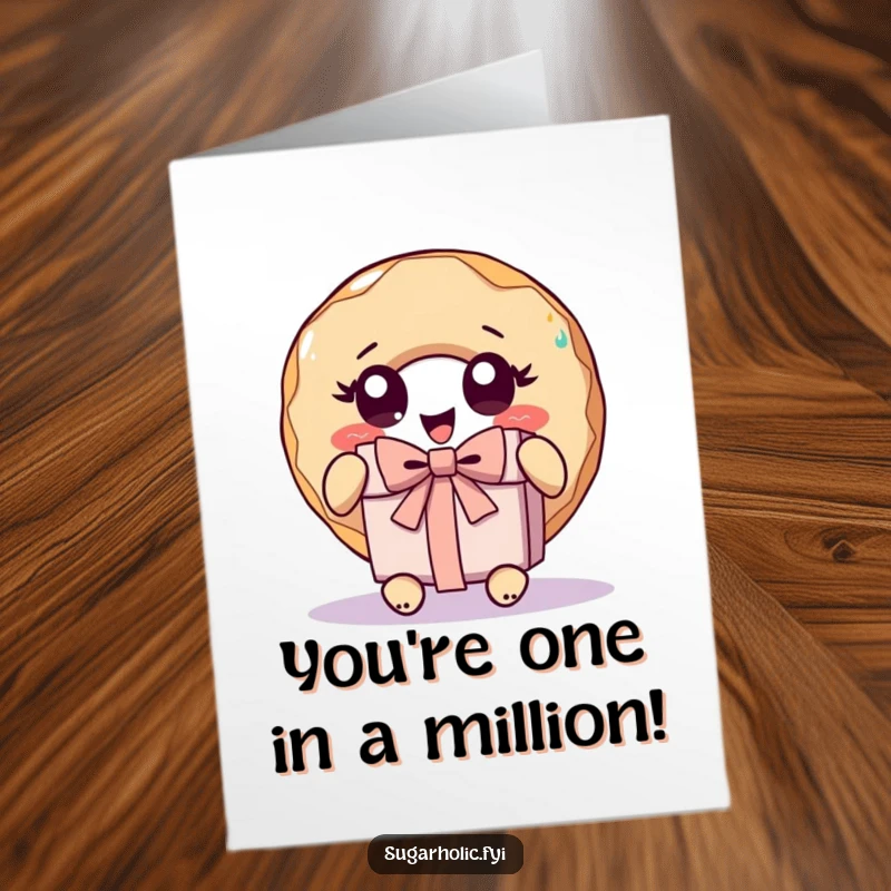 Funny Free Printable Congratulations Card: A wide-eyed donut gleefully unwraps a gift, symbolizing happy surprises.