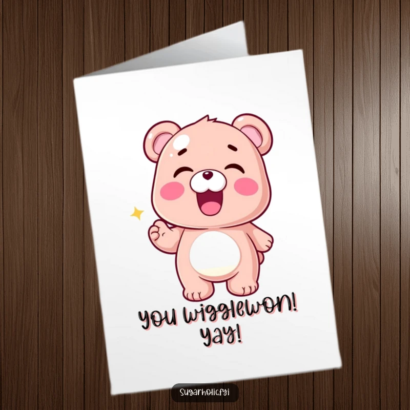 Funny Free Printable Gummy Bear Congratulation Card: Excited character doing a happy wiggle celebration download, ideal for a memorable gift.