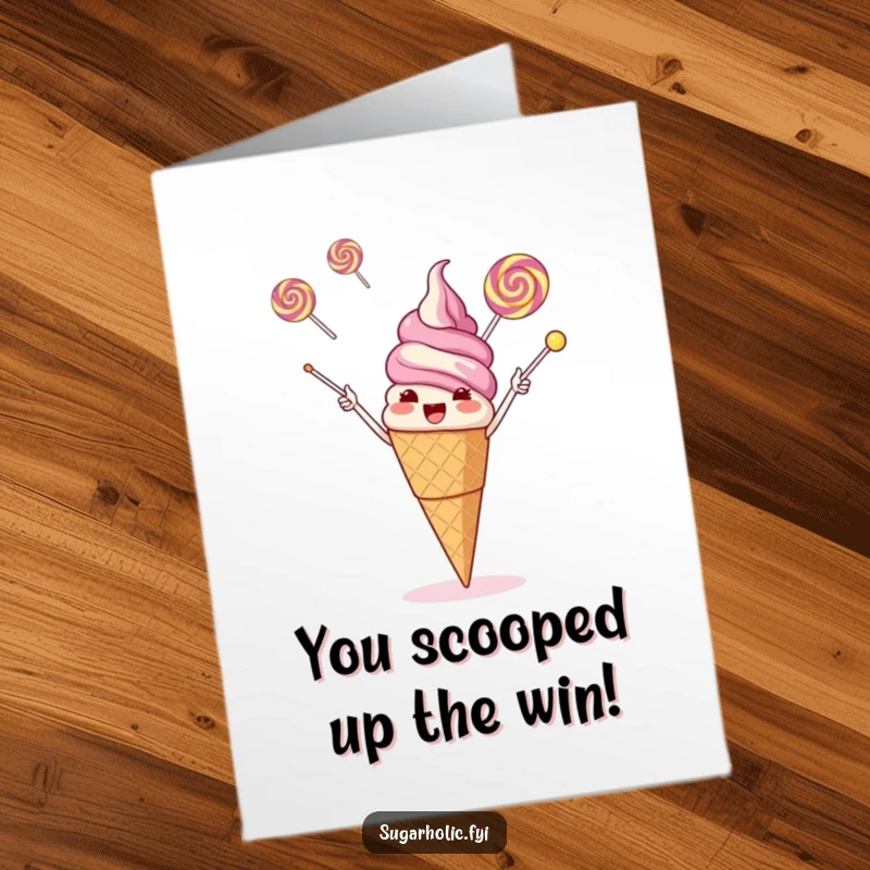 Funny free printable congratulations card showing a giggling ice cream cone juggling lollipops smoothly.