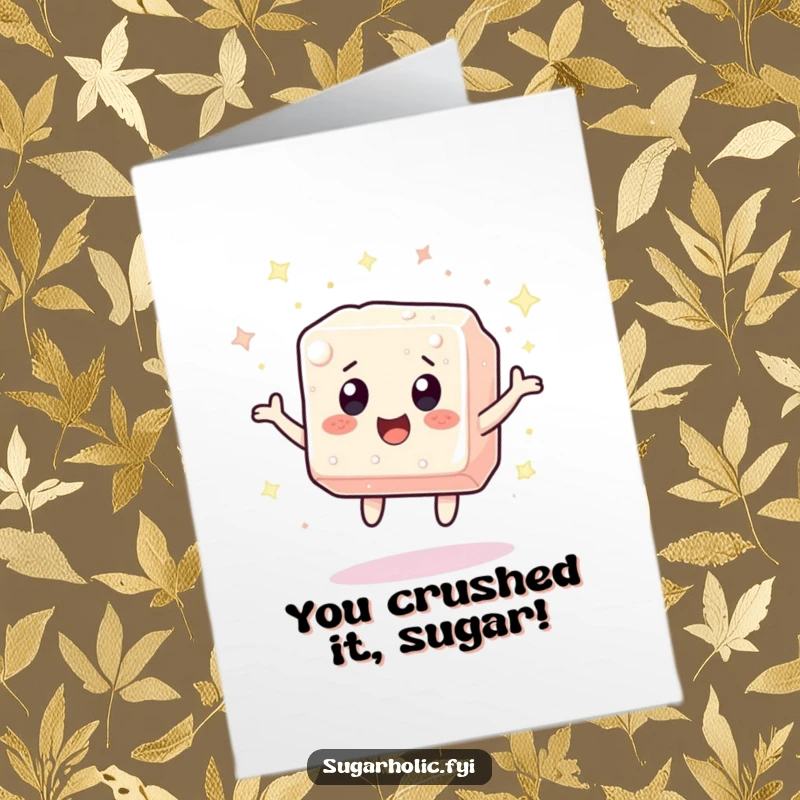 Excited Free Printable congratulations card showing a sugar cube character bouncing happily, surrounded by a cloud of glittering sparkles.