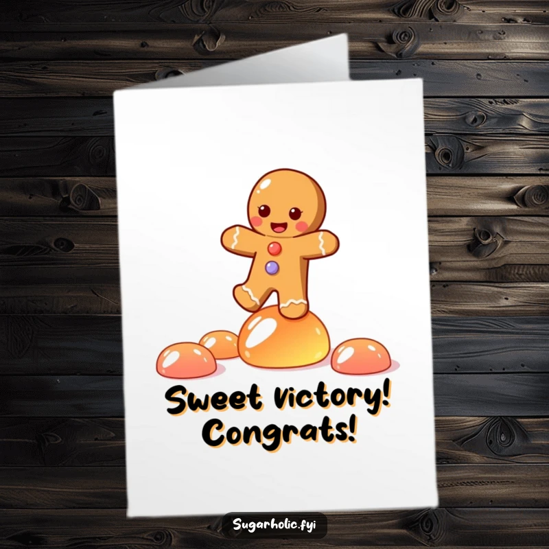 Funny Free Printable Congratulations Card: A joyful gingerbread person confidently balances atop a stack of wobbling jelly candies.
