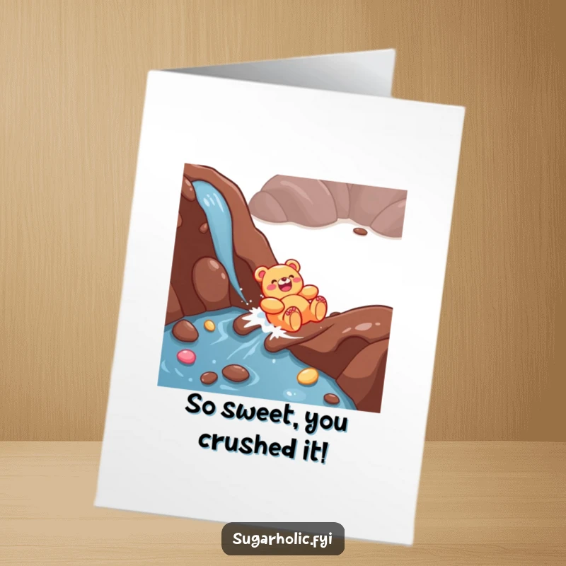 Funny Free Printable Congrats Card: A giggling gummy bear surfs a chocolate river, cheering on your amazing achievement.