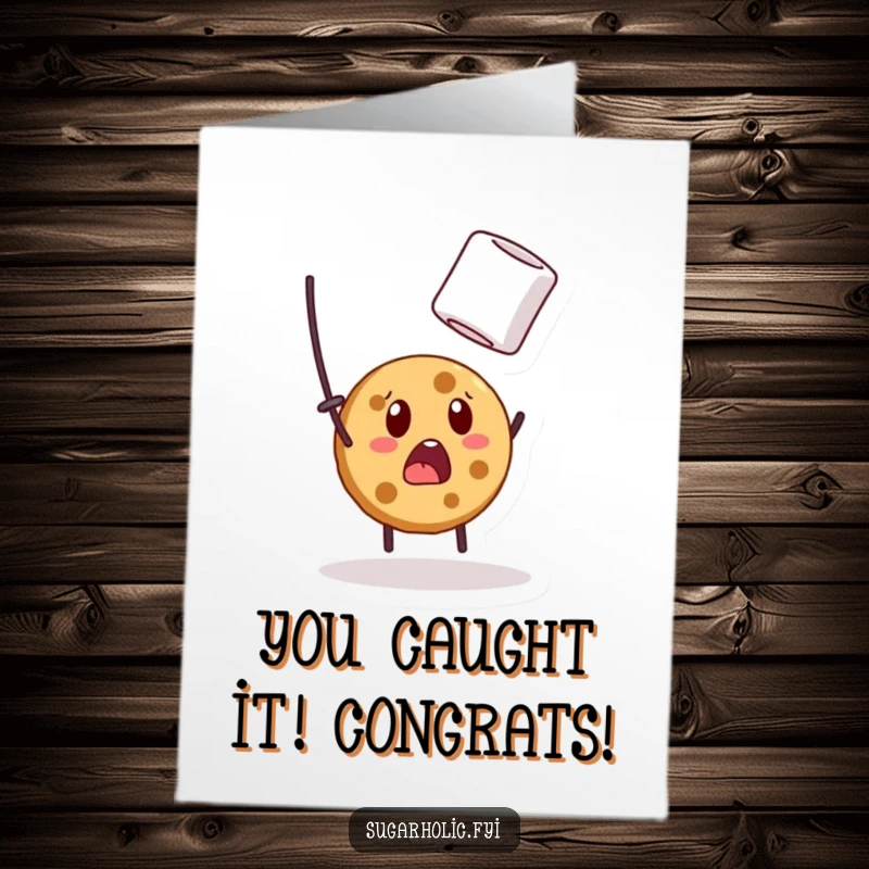 Funny Free Printable Congratulations Card: Surprised cookie character leaps upwards, attempting to catch a rogue floating marshmallow.