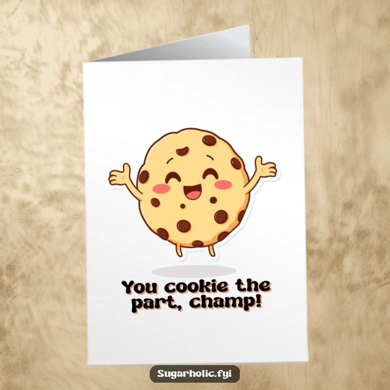 Funny Free Printable cookie character with chocolate chips, doing a joyous happy dance to celebrate a big achievement.