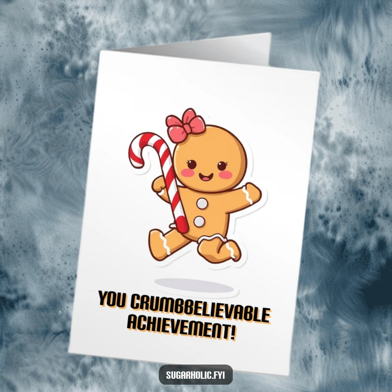 Funny Free Printable Congratulations Card: A happy gingerbread cookie skips jubilantly, holding a candy cane, spreading good news.