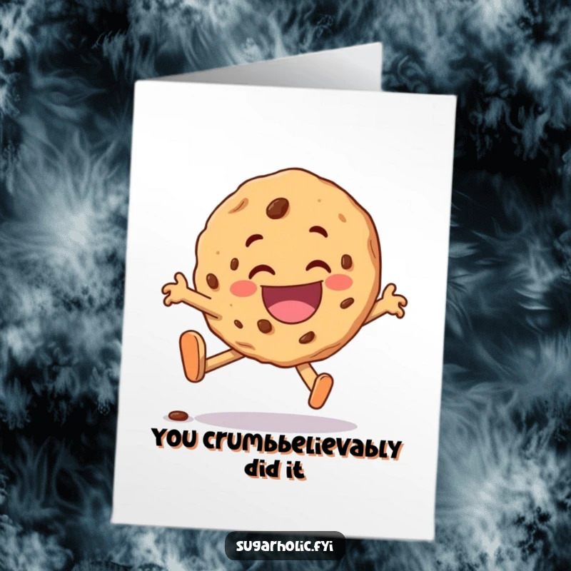 Funny Free Printable Congratulations Card: A cookie character comically falling but beaming with a huge, delighted smile after success.