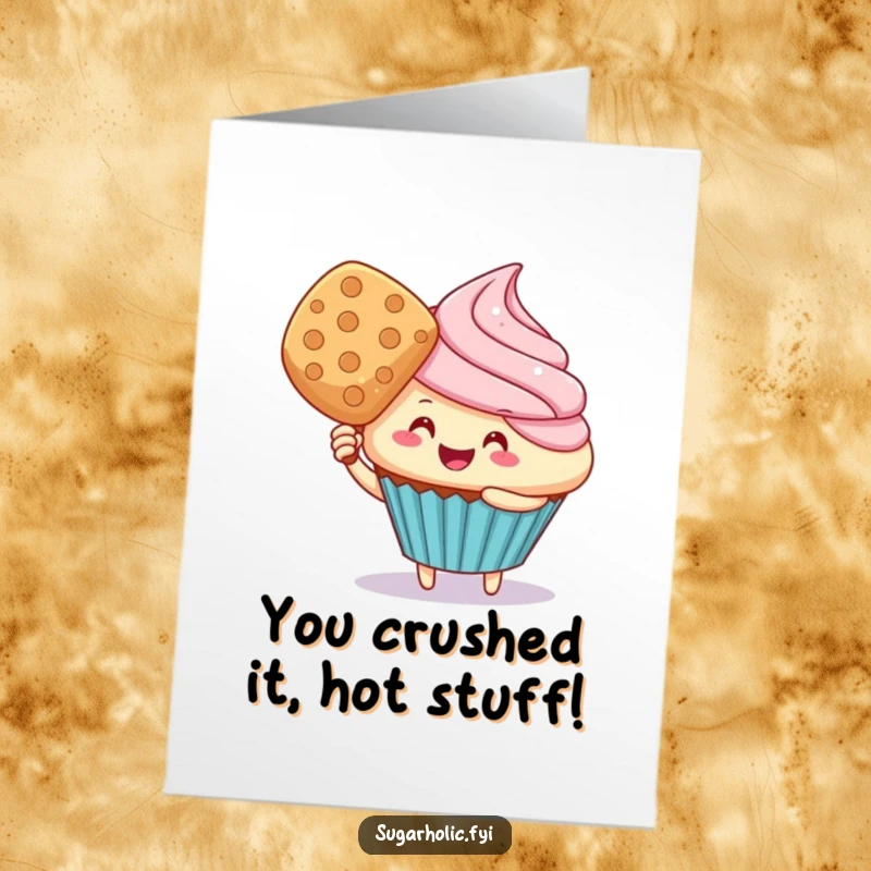 Funny Free Printable Congratulations Card: A delighted cupcake character fanning itself with a wafer, celebrating a big achievement.