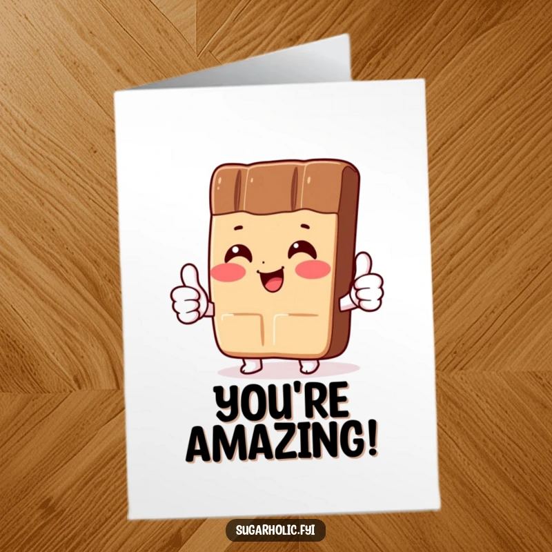 Funny Free Printable Congratulations Card: A blushing chocolate bar character gives two thumbs up, celebrating success.