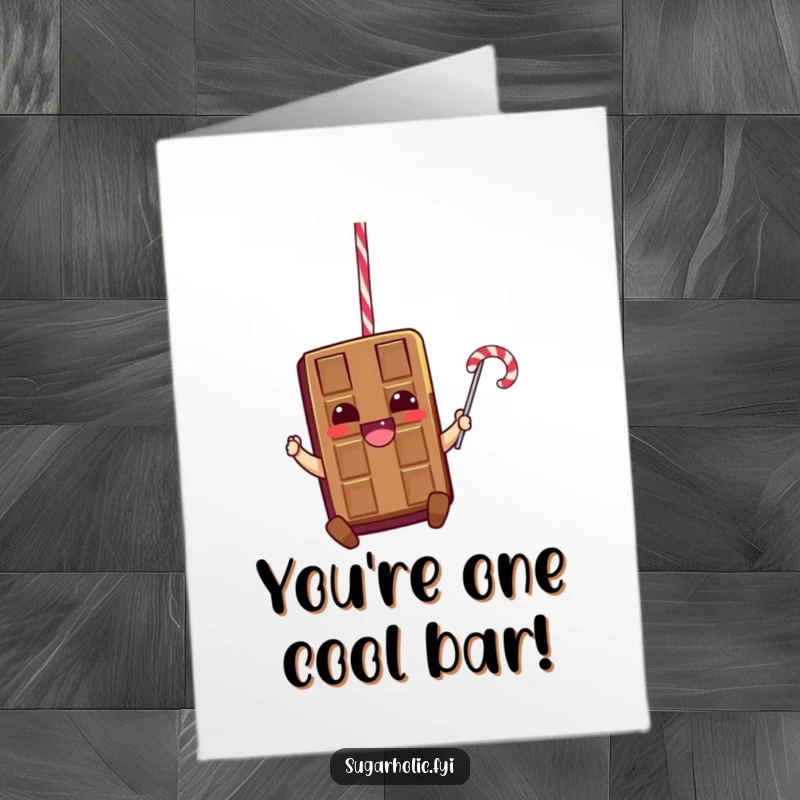 Funny Free Printable Chocolate Bar Congratulations Card: A thrilled chocolate bar character swinging from a licorice rope, cheering success.