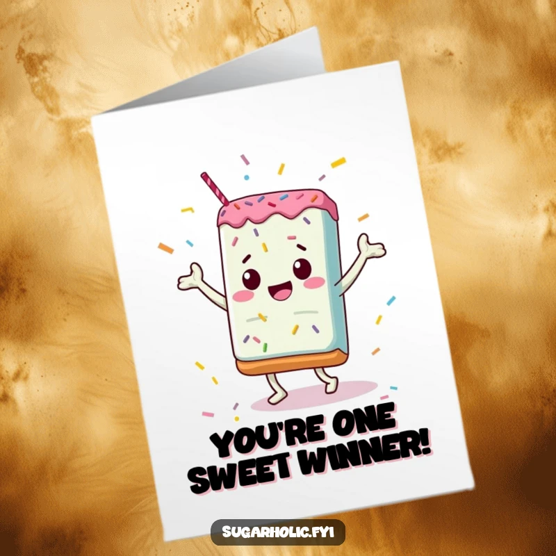 Funny free printable congratulations card: A happy candy bar dances joyfully amidst a shower of colorful sprinkles, celebrating success.