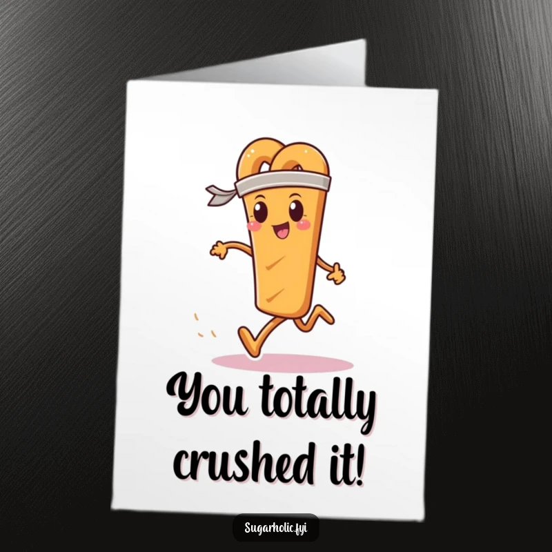 Funny free printable congratulations card featuring a determined pretzel stick in a sweatband, crossing the finish line.