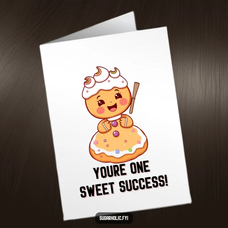 Funny Free Printable Congratulations Card: A happy gingerbread person gleefully frosts a giant sugar cookie, celebrating.