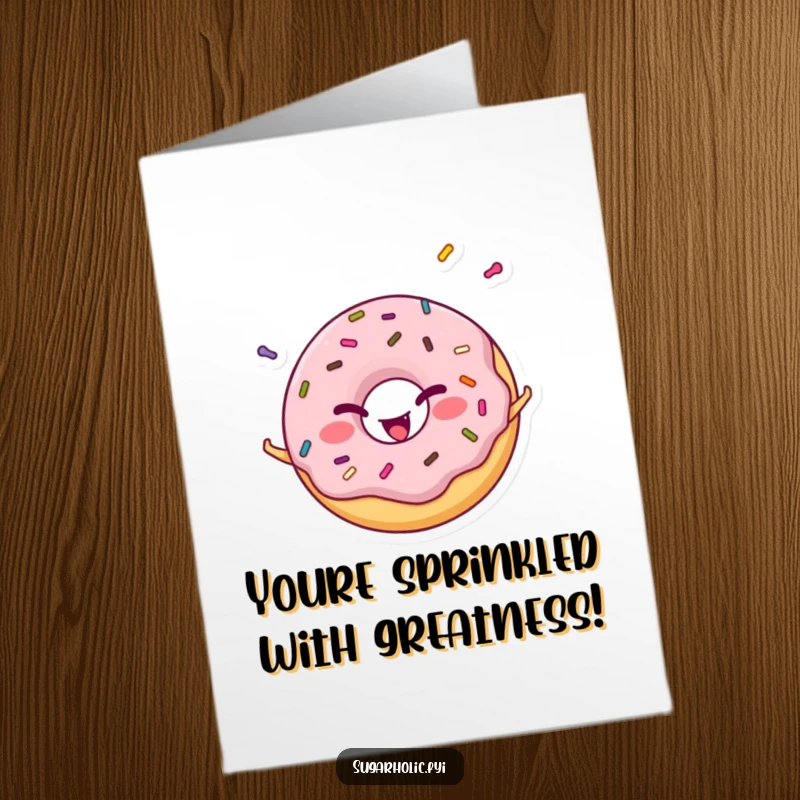 Funny Free Printable Congratulations Card: A smiling donut character winks while juggling sprinkles, celebrating success.