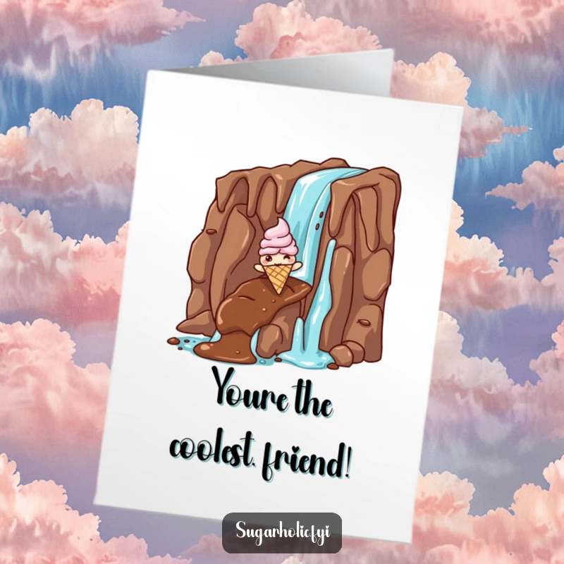 Funny free printable congratulations card featuring a giddy ice cream cone character sliding gleefully down a chocolate waterfall, celebrating success deliciously.