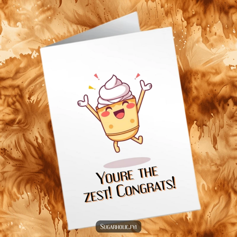 Funny Free Printable Congrats Card: A cheerful pie character performs a celebratory jump, cheering your success with zest.
