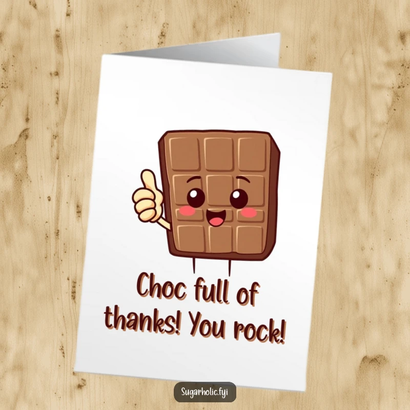 Appreciative free printable thank you card with a delighted chocolate bar character giving a clear thumbs up.
