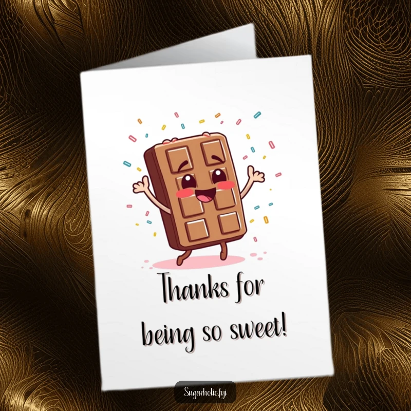 Funny Free Printable Thank You Card: Chocolate bar character doing a silly dance, sprinkles falling like confetti.