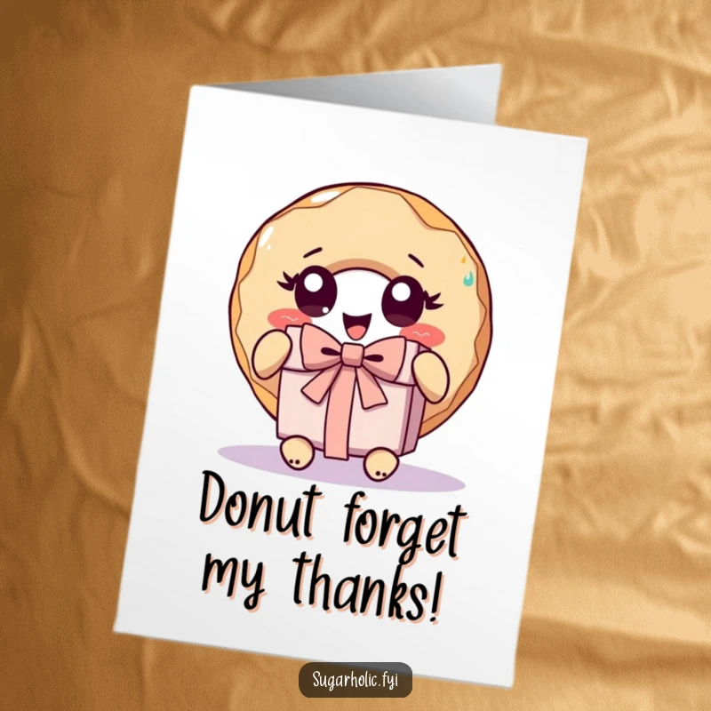 Funny Free Printable Thank You Card: A donut with surprised eyes unwraps a gift, showing appreciation.