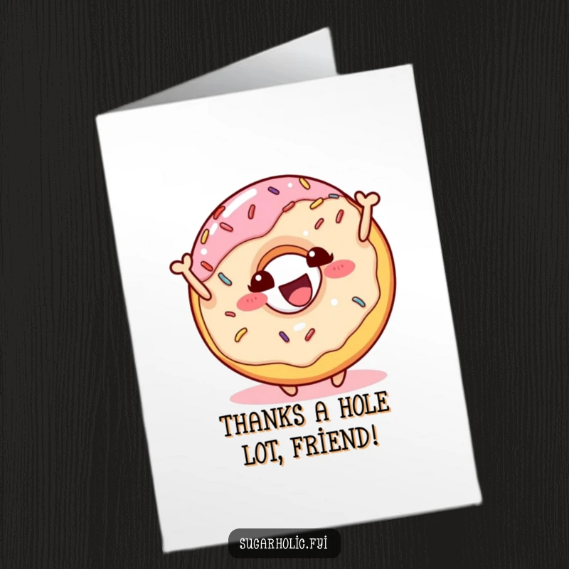 Funny Free Printable donut character with sprinkles, bouncing with joy to express heartfelt thanks.