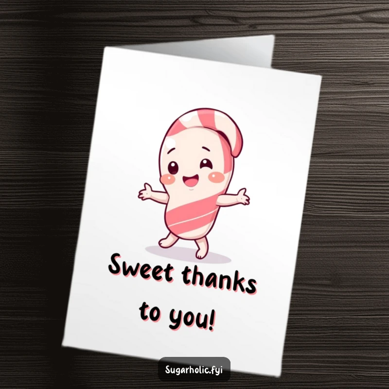 Funny Free Printable Thank You Card: A giggling candy cane character does a silly dance while showing thanks.