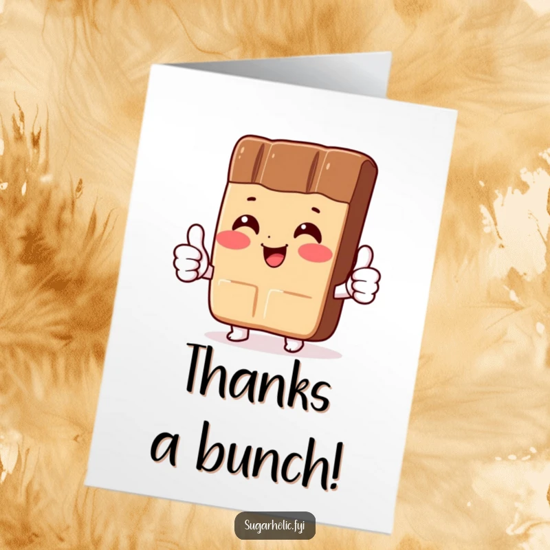 Funny Free Printable Thank You Card: A blushing chocolate bar character gives two thumbs up, expressing heartfelt thanks.