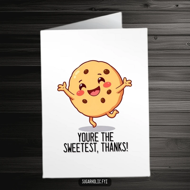 Funny Free Printable Thank You Card: A smiling cookie character does a thankful cartwheel with a happy expression.