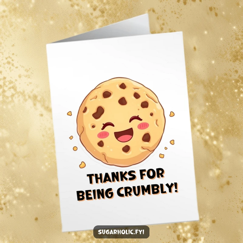 Funny Free Printable Thank You Card showing a cookie happily falling apart, a sweet symbol of gratitude.