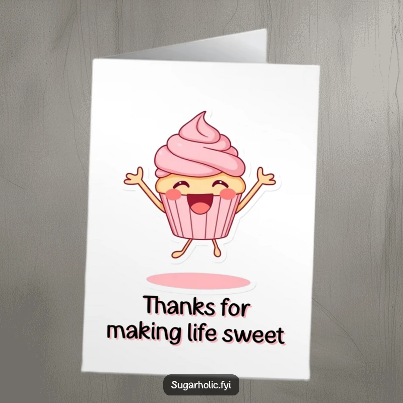 Funny Free Printable Thank You Card: Excited cupcake character bouncing high, a sweet expression of heartfelt gratitude.