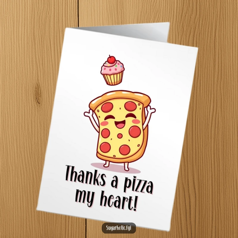 Funny Free Printable Thank You Card: Pizza character joyfully throwing a cupcake, expresses quirky gratitude, excellent downloadable art.