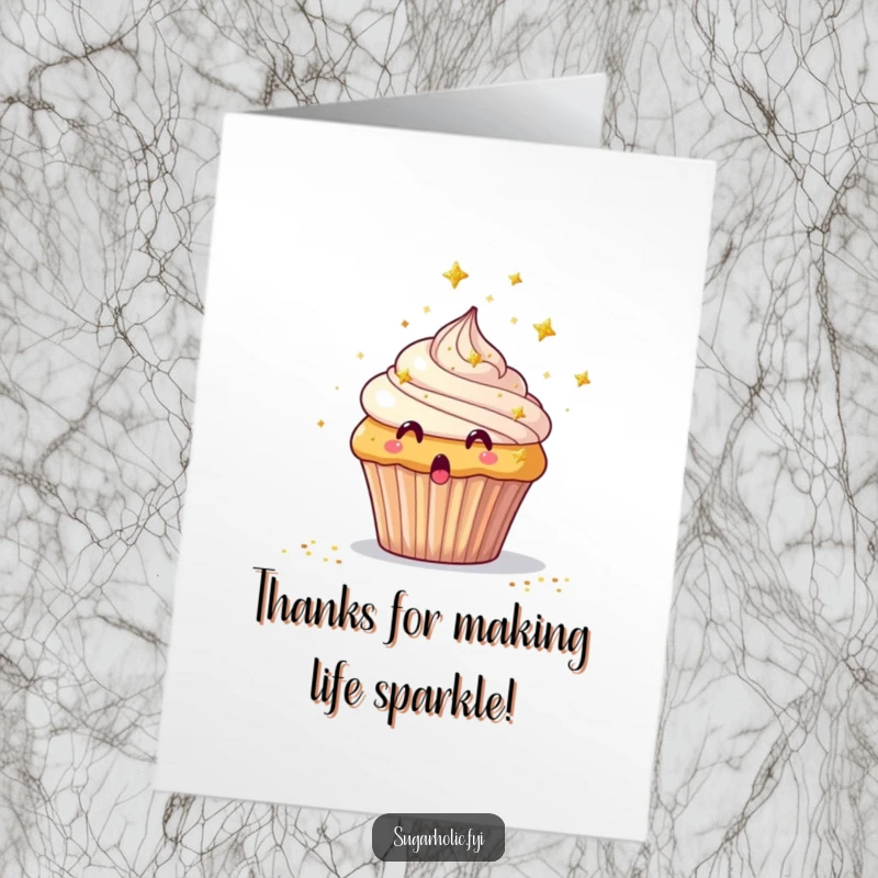 Funny Free Printable Thank You Card featuring a surprised cupcake showered in glittering edible stars, expressing thanks whimsically.