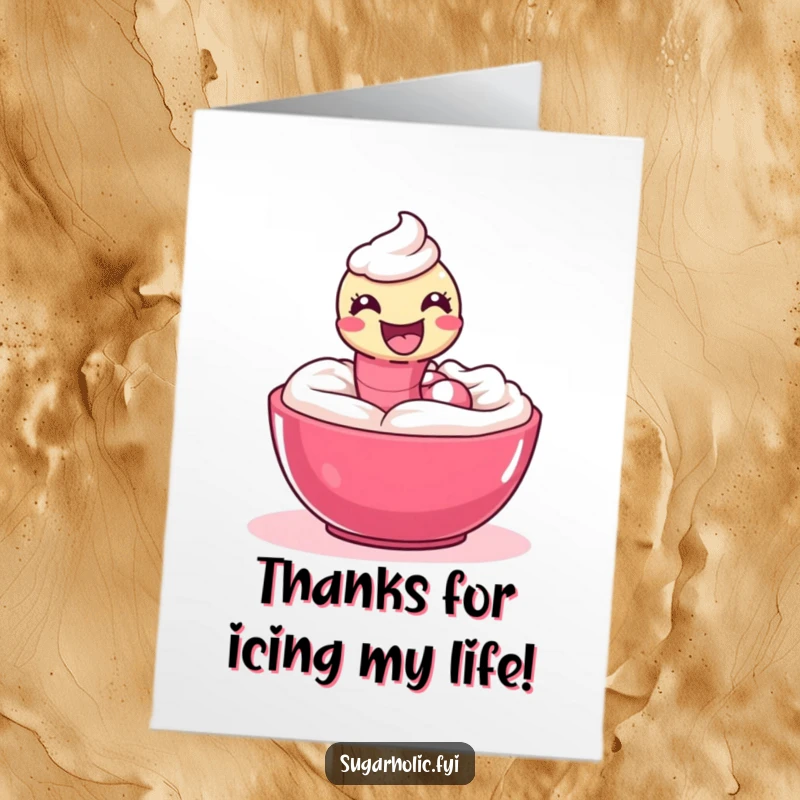 Funny Free Printable Thank You Card with a joyful gummy worm slithering through a bowl of delicious icing.