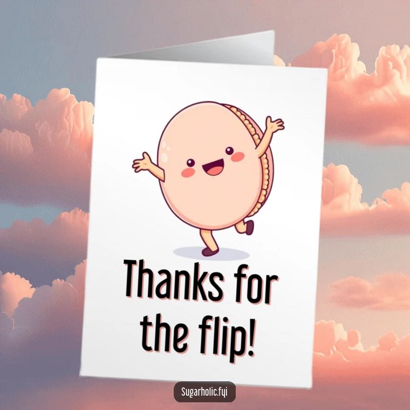 Funny Free Printable Thank You Card: A cheerful macaron character does a cartwheel, smiling widely to express thanks.