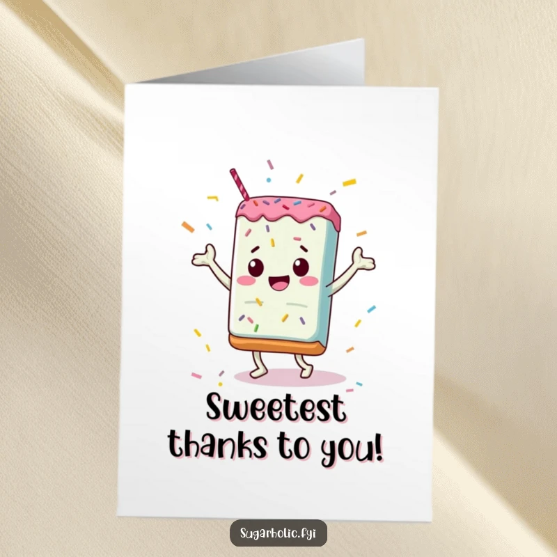 Funny free printable thank you card: A jubilant candy bar performs a celebratory dance surrounded by an explosion of colorful sprinkles.