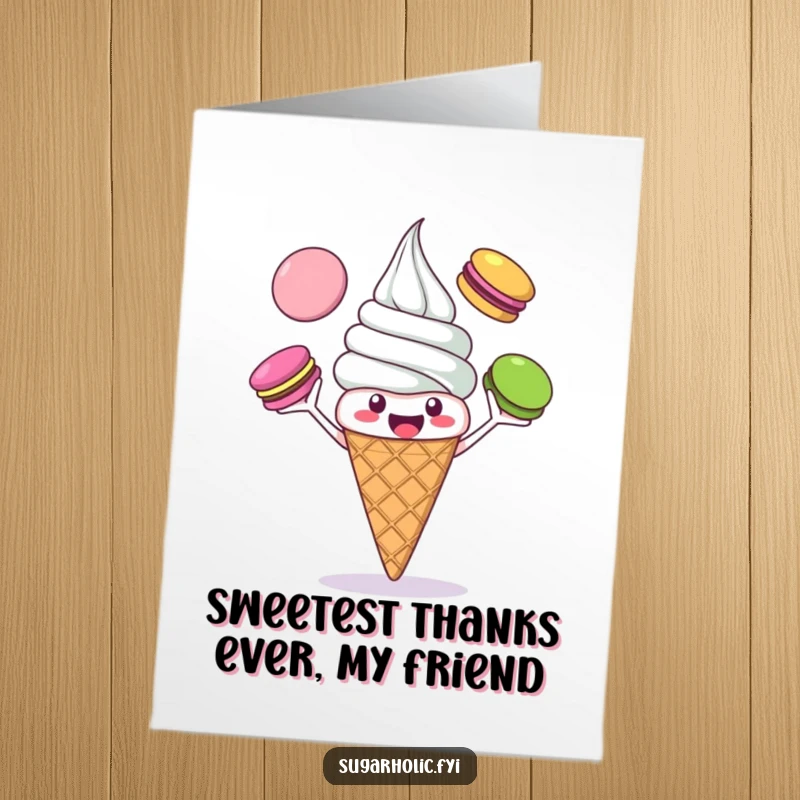 Funny Free Printable Thank You Card: Cheerful ice cream cone juggles macarons, expresses sweet thanks, perfect downloadable art.