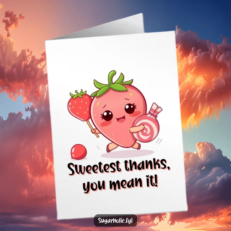 Funny Free Printable Thank You Card: Blushing strawberry chasing a runaway candy, a whimsical way to say thank you.