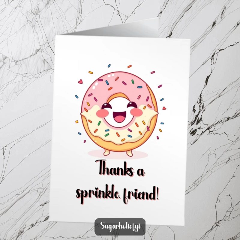 Funny Free Printable Thank You Card: A laughing donut character juggles colorful sprinkles, showing thanks.