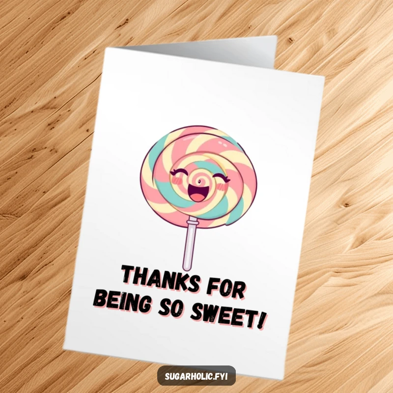 Free Printable Thank You Card: A gleeful lollipop character spinning happily with a bright, sweet smile.