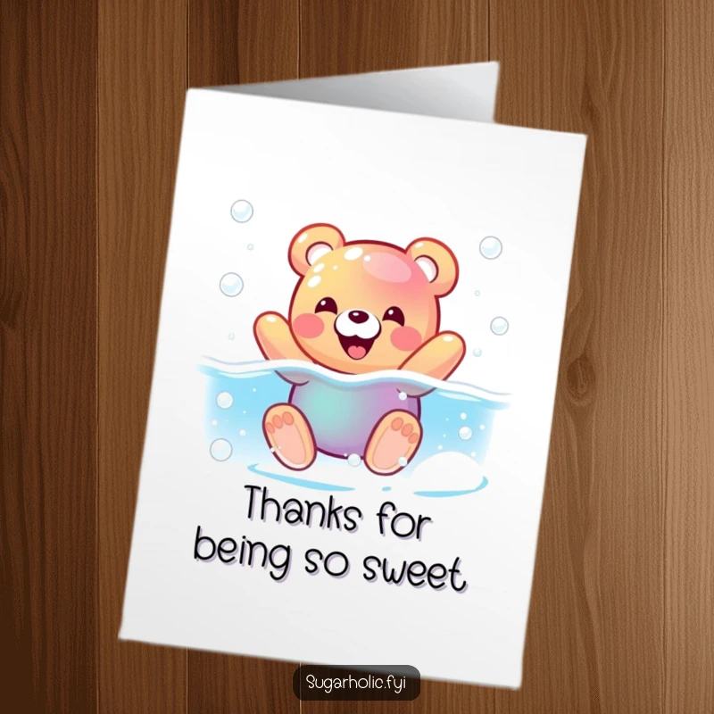 Funny free printable thank you card depicting a contented gummy bear swimming joyfully in a refreshing, fizzy soda pool.