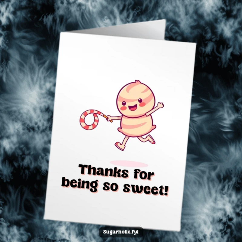 Funny Free Printable Thank You Card: Smiling candy character skipping rope with licorice, leaving sparkles, perfect downloadable art.