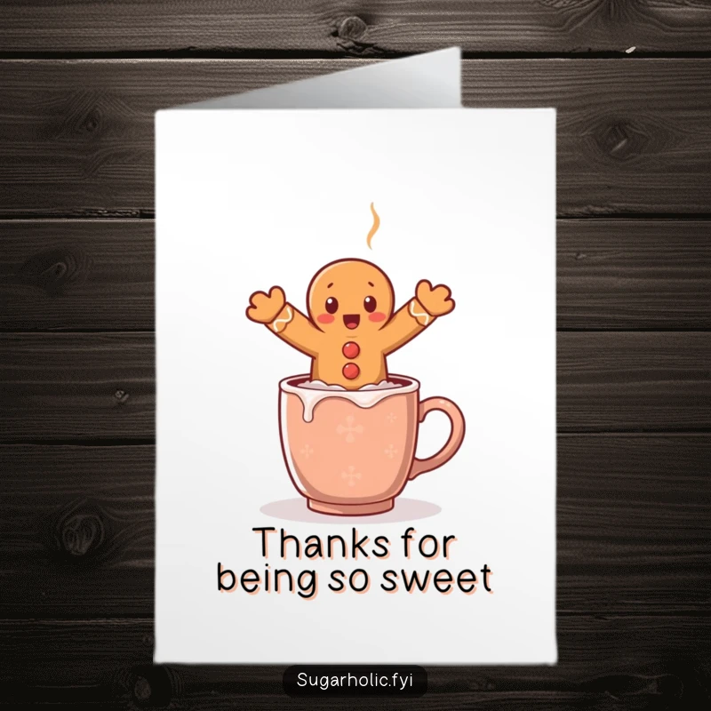 Funny free printable thank you card showing a surprised gingerbread man leaping over a steaming mug of hot cocoa, expressing thanks.